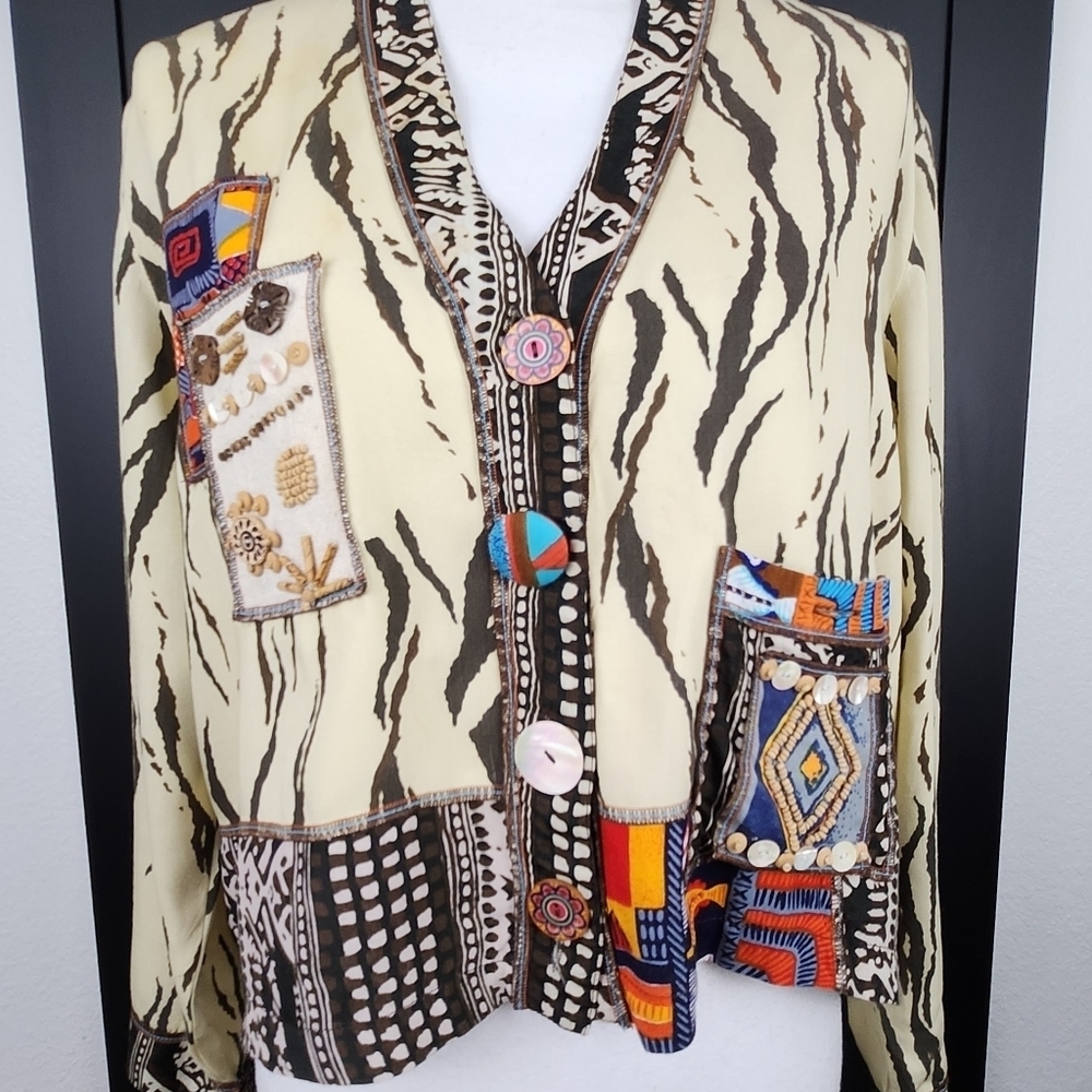 Vintage Cache African Style Patchwork Jacket Size… - image 2
